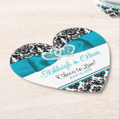 Dessous-de-verre En Papier Turquoise, Noir Damask Love Hearve Mariage (Incliné)