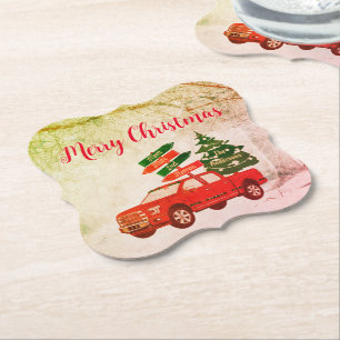 Dessous-de-verre En Papier Typographie Camion Rouge Vert Russe Joyeux Noël