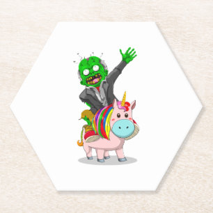 Dessous-de-verre En Papier Un Zombie vert est à cheval sur une licorne rose m