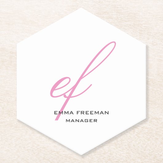 Dessous-de-verre En Papier Vertical moderne rose gris blanc grand monogramme (Devant)