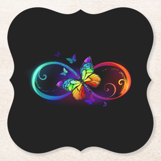 Dessous-de-verre En Papier Vibrant infinity with rainbow butterfly on black (Devant)