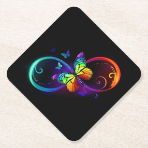 Dessous-de-verre En Papier Vibrant infinity with rainbow butterfly on black