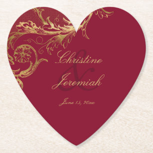 Dessous-de-verre En Papier Vintage Burgundy Gold Floral Damask Script Mariage