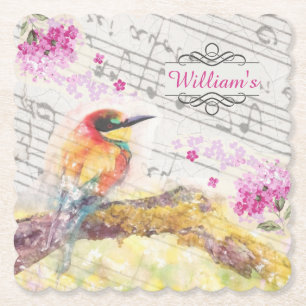 Dessous-de-verre En Papier Vintage oiseau sur les fleurs roses de l'arbre déc
