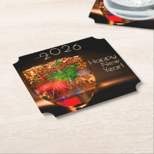 Dessous-de-verre En Papier Vœux 20xx avec feux d'artifice et bulles