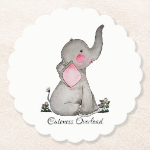 Dessous-de-verre En Papier Watercolor Cute Baby Elephant With Blush & Flowers