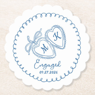 Dessous-de-verre En Papier Whimsical Engaged Couple Blue Hearts Trendy Doodle