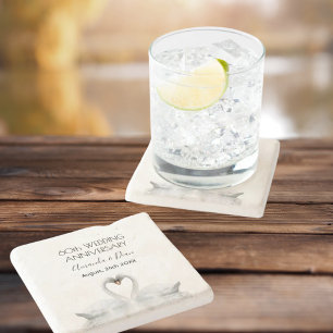 Dessous-de-verre En Pierre 60e anniversaire de mariage cygnes blancs romantiq