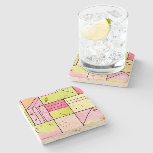 Dessous-de-verre En Pierre Abstrait patchwork rose et vert citron (Côté)