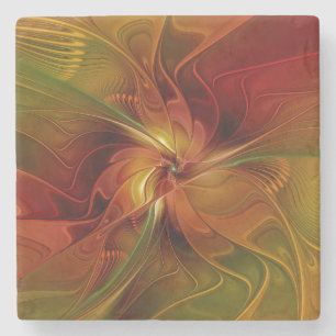 Dessous-de-verre En Pierre Abstrait Rouge Orange Brown Vert Fractal Art Flowe