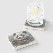 Dessous-de-verre En Pierre Adorable Ours De Panda Mangeant Bambou (Côté)