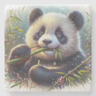 Dessous-de-verre En Pierre Adorable Ours De Panda Mangeant Bambou