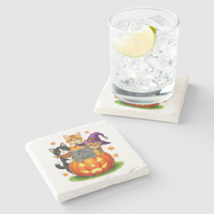 Dessous-de-verre En Pierre Adorables Chatons Citrouille Halloween Saison Somb