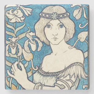 Dessous-de-verre En Pierre Affiche d'art vintage femme florale bleue Art Nouv