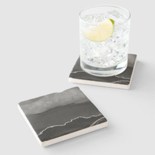 Dessous-de-verre En Pierre Agate Marbrée Fausse Noire Élégant Paillettes Arge