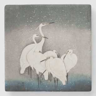 Dessous-de-verre En Pierre Aigrettes japonaises Grues Oiseau Hiver Neige Art