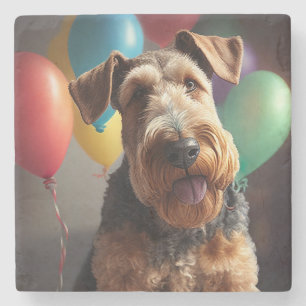 Dessous-de-verre En Pierre Airedale chien avec gâteau et ballons