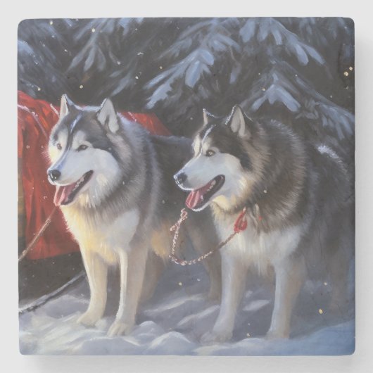 Dessous-de-verre En Pierre Alaskien Malamute Snowy Sleigh Ride Noël (Devant)