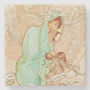 Dessous-de-verre En Pierre Alphonse Mucha Hiver Vintage Art Nouveau peinture