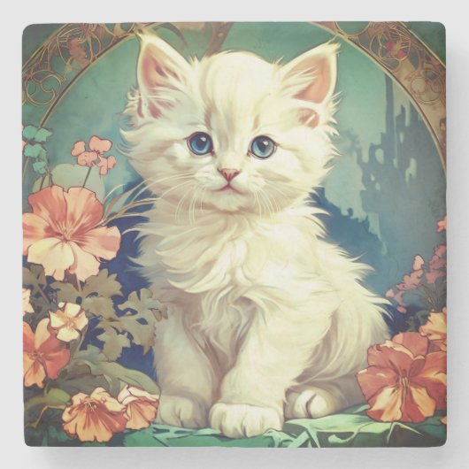 Dessous-de-verre En Pierre Alphonse Mucha Style Chat blanc (Devant)