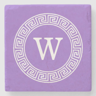 Dessous-de-verre En Pierre Améthyste Wht Cadre Rnd Clé Grecque Monogramme Ini