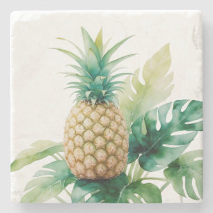 Dessous-de-verre En Pierre Ananas doré avec Aquarelle Monstera Tropical