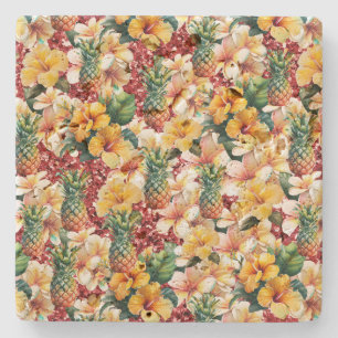Dessous-de-verre En Pierre Ananas Floral Tropical Rouge Parties scintillant A
