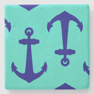 Dessous-de-verre En Pierre Ancre Bleue Marine Sur Décor Côtier Turquoise