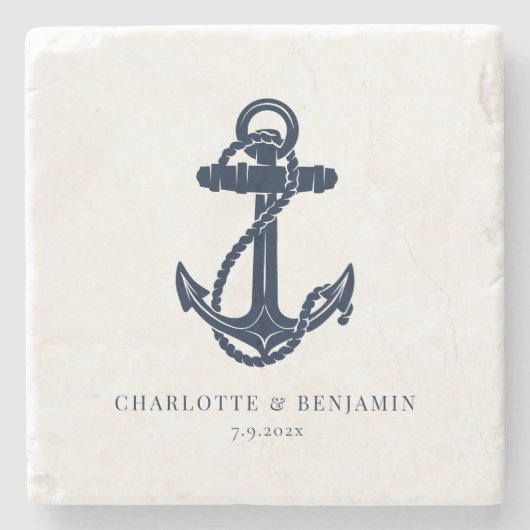 Dessous-de-verre En Pierre Ancre marine Bleu Mariage côtier (Devant)