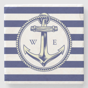Dessous-de-verre En Pierre Ancre nautique Bleu marine Rayures
