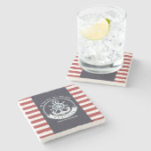 Dessous-de-verre En Pierre Ancre nautique, Roue, Bleu marine, Bandes rouges (Côté)