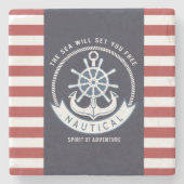 Dessous-de-verre En Pierre Ancre nautique, Roue, Bleu marine, Bandes rouges (Devant)