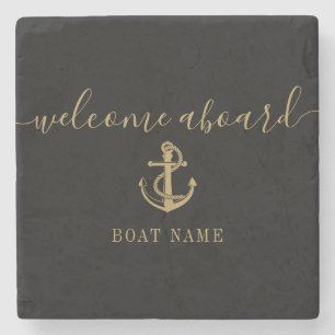 Dessous-de-verre En Pierre Ancre noire et or Nom du bateau Bienvenue à bord