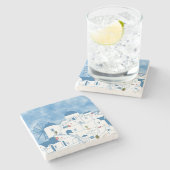 Dessous-de-verre En Pierre Aquarelle bleue et blanche Santorin Grèce (Côté)