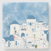 Dessous-de-verre En Pierre Aquarelle bleue et blanche Santorin Grèce (Devant)