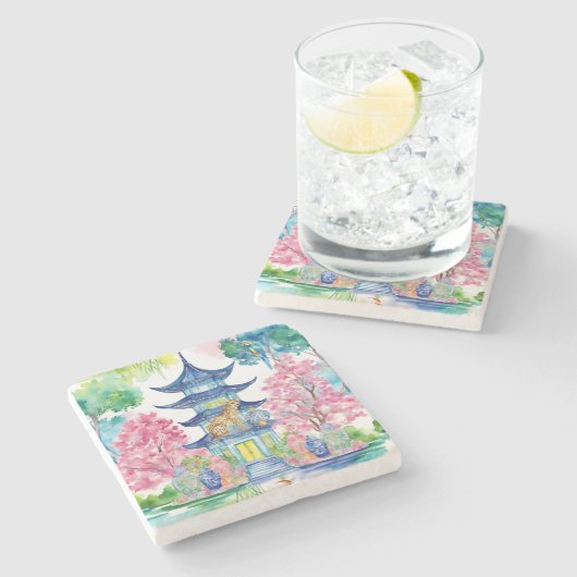 Dessous-de-verre En Pierre Aquarelle Chinoiserie Pagoda Cheetah Ginger Jar (Côté)