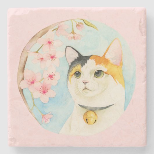 Dessous-de-verre En Pierre Aquarelle de chat et de fleurs de cerisier de (Devant)