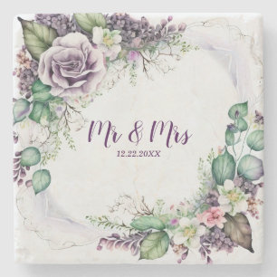 Dessous-de-verre En Pierre Aquarelle de feuillage vert mariage violet