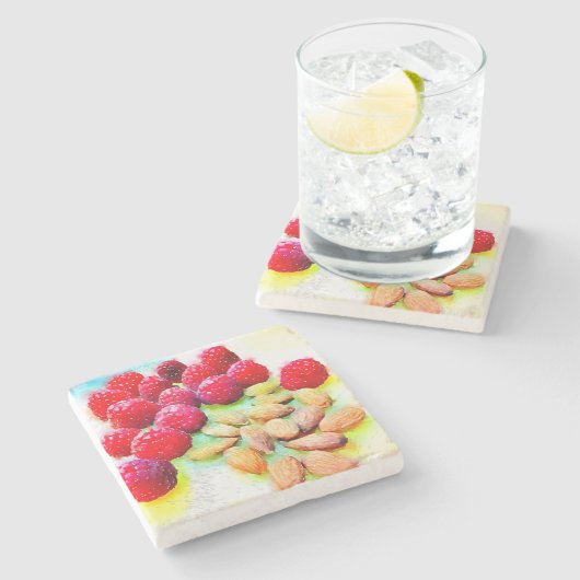 Dessous-de-verre En Pierre Aquarelle de framboises et d'amandes (Côté)