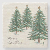 Dessous-de-verre En Pierre Aquarelle de style ancien Arbre de Noël à neige (Devant)