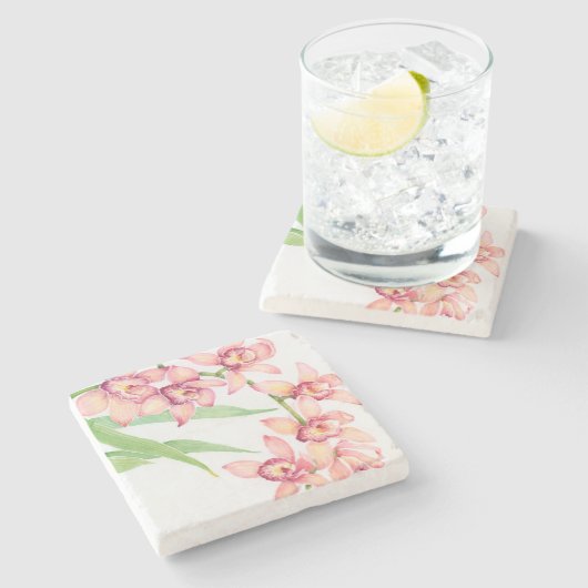 Dessous-de-verre En Pierre Aquarelle Fleurs roses (Côté)