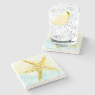 Dessous-de-verre En Pierre Aquarelle jaune bleue d'étoiles de mer