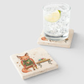 Dessous-de-verre En Pierre Aquarelle M. Fox ayant du thé et des macarons (Côté)