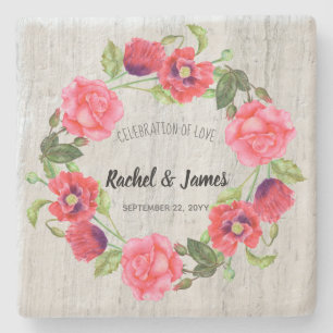 Dessous-de-verre En Pierre Aquarelle mariage Fleurs rouges et roses Courbe