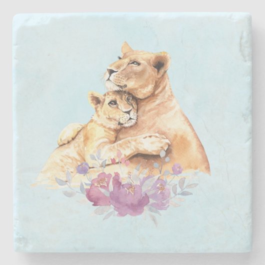 Dessous-de-verre En Pierre Aquarelle mignonne Mère Lion & Cub (Devant)