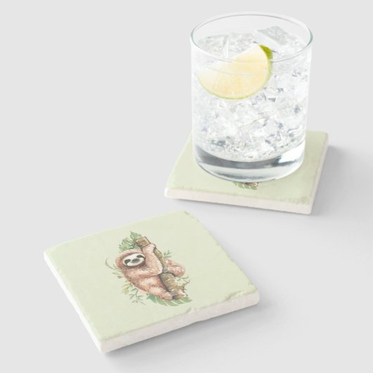 Dessous-de-verre En Pierre Aquarelle mignonne Sloth & Feuilles tropicaux (Côté)
