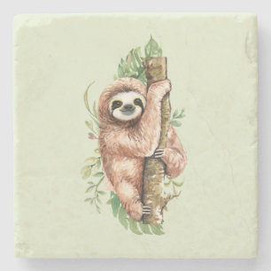 Dessous-de-verre En Pierre Aquarelle mignonne Sloth & Feuilles tropicaux