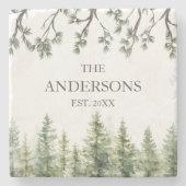 Dessous-de-verre En Pierre Aquarelle Monogramme Pins rustiques et branches (Devant)