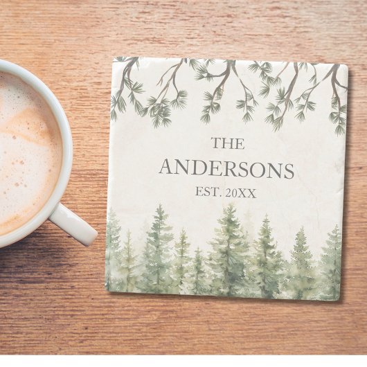 Dessous-de-verre En Pierre Aquarelle Monogramme Pins rustiques et branches