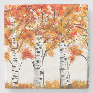 Dessous-de-verre En Pierre Aquarelle Oiseaux Arbres Automne Orange Feuille